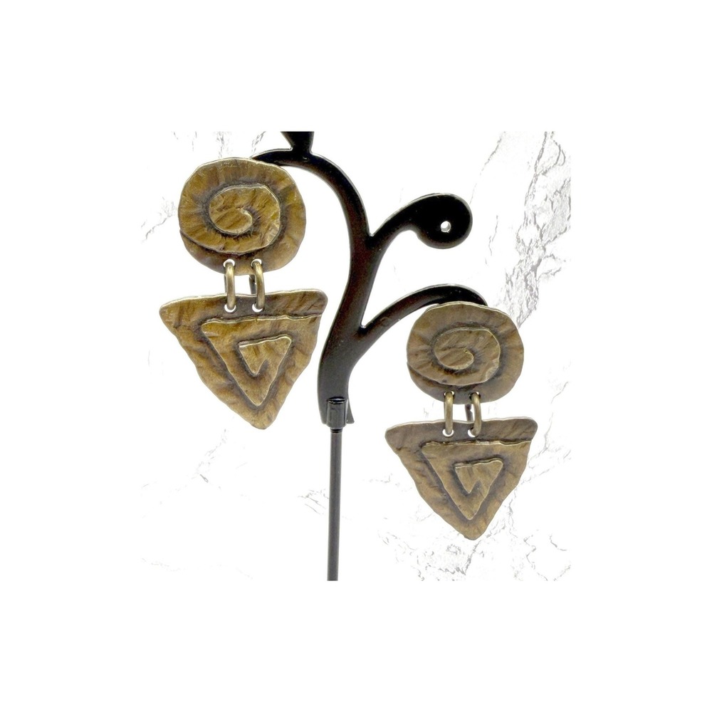 Vintage JJ Jonette Earrings Brass Spiral Triangle Dangle Pierced 2.25"